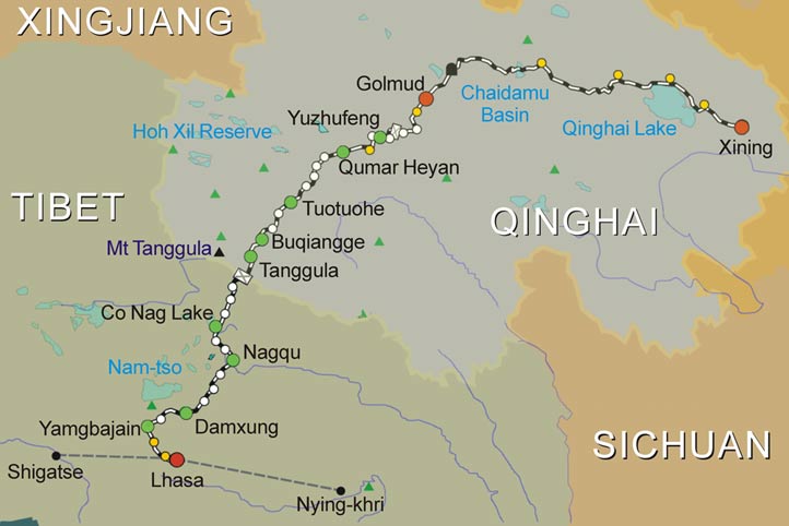 Qinghai-Tibet Train Route Map, Map of Qinghai-Tibet Train Route